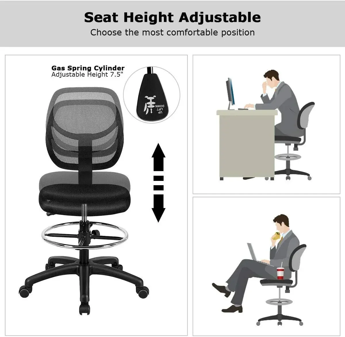 Mesh Drafting Chair, Standing Desk Chair w/Footrest Ring, Adjustable Height Chair Mid Back Tall Office Chair for Home Office, Bl