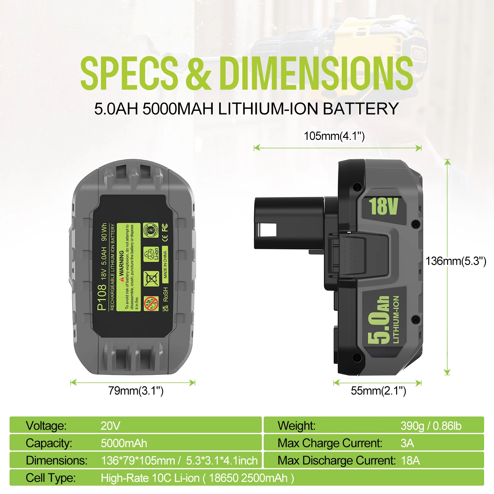 5Ah For RYOBI P108 18V Battery Lithium-Ion Power Tools Ryobi P108 P107 P105 P104 P103 P102 Battery Tool Replacement