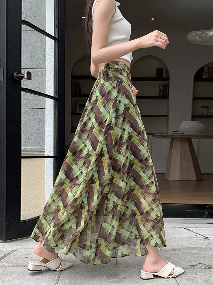 Women's Vintage Plaid Midi Skirt Color Block High Waist Slimming A-Line Plaid Print Skirt Summer New Arrival Faldas Female SK125