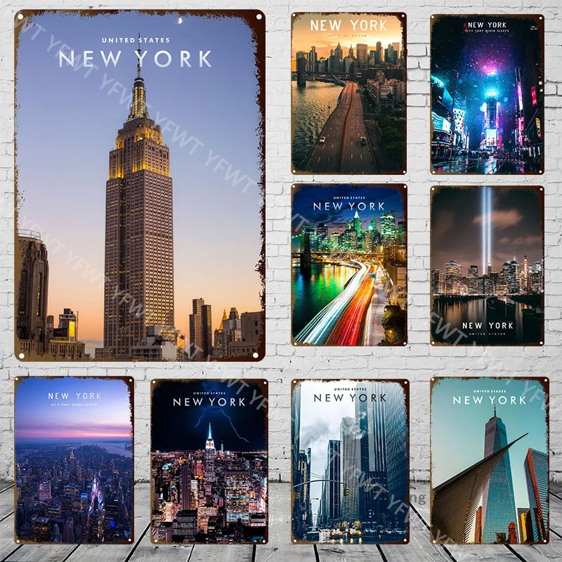 Beautiful City New York City Landmark Empire State Building Night View Metal Tin Sign Living Room Bedroom Decorative Painting