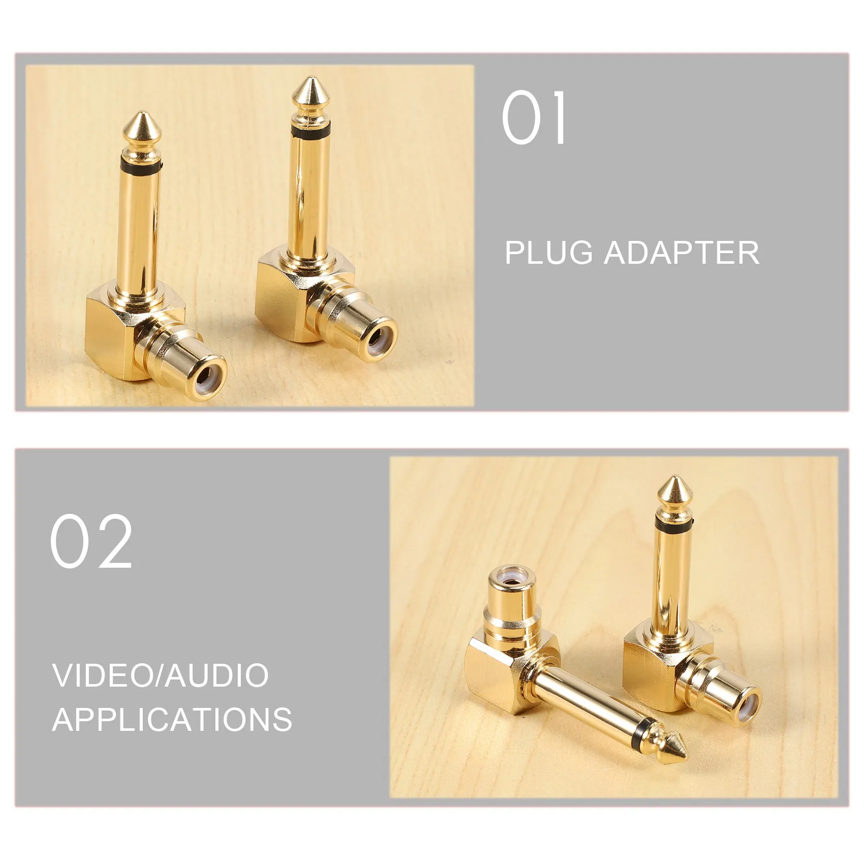 2-PACK RCA fêmea jack para 1/4 polegada mono macho plug adaptador de áudio de ângulo reto, ouro B20