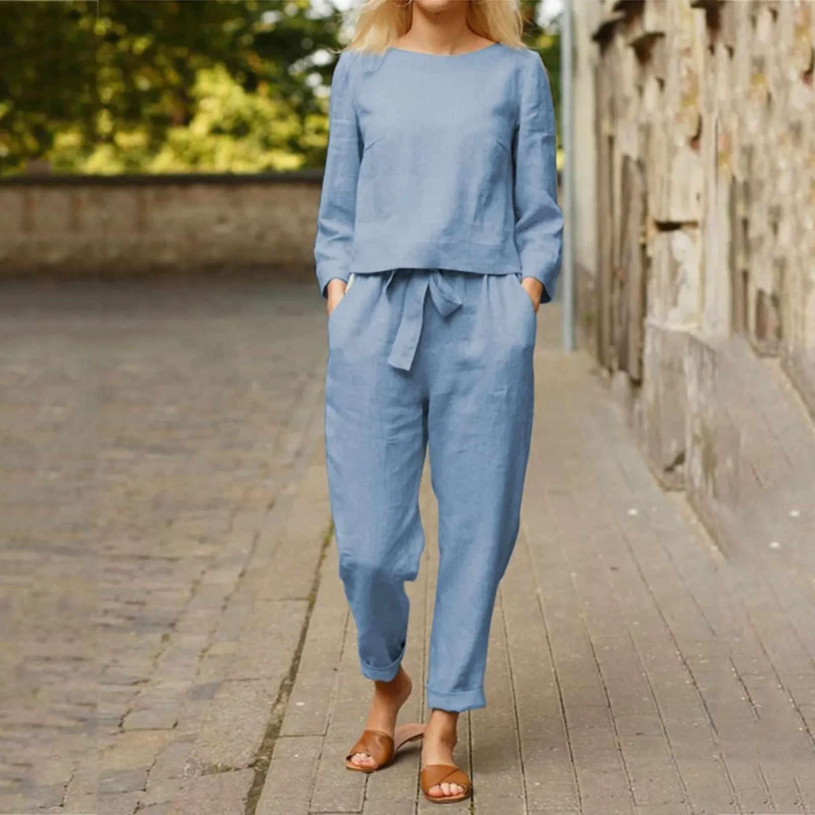 Women\'s Comfortable Loose Cotton Linen Suit Casual Vintage Solid Color Top And Drawstring Wide Leg Long Pants Two Piece Set