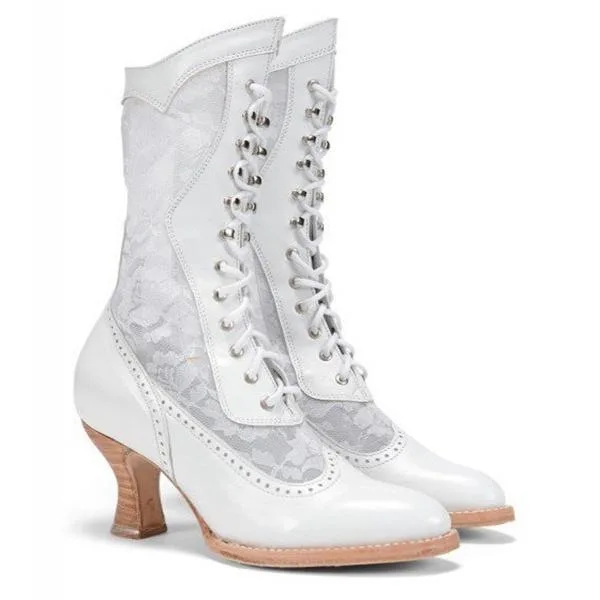 

New autumn/winter British lace spliced front lace-up pointy mid-heel boots for women