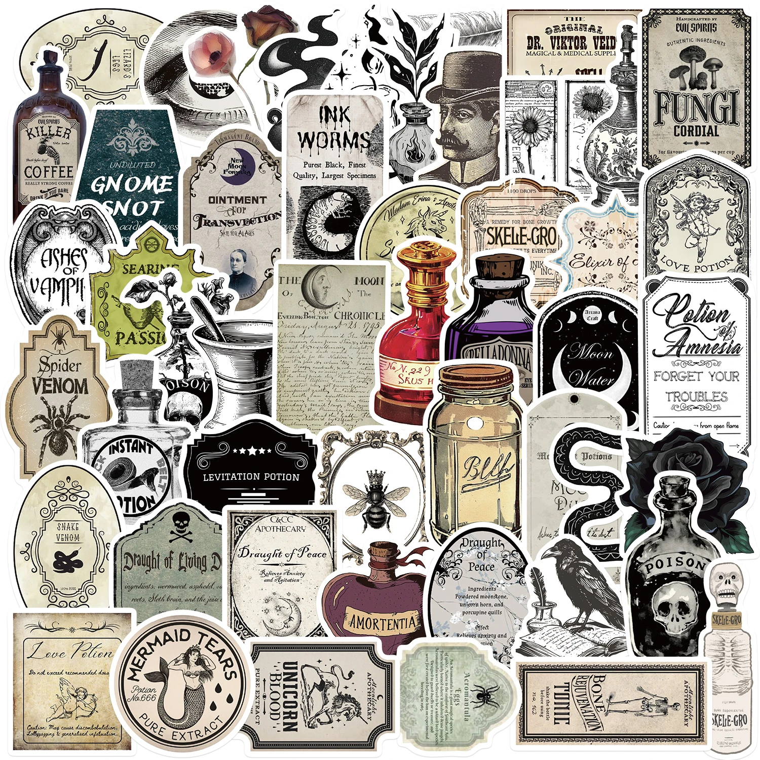 50pcs Halloween Bottle Labels Stickers Retro Horror Gothic Magic Potion Vintage Decals Suitcase Scrapbooking Laptop Toys