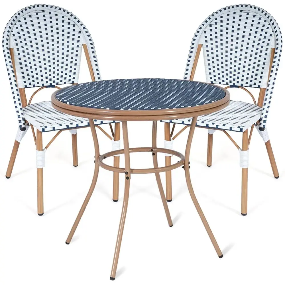 

All-Weather Wicker Patio Dining Set with Round Table and 2 Chairs, Suitable for French Country Bistro, Blue/White
