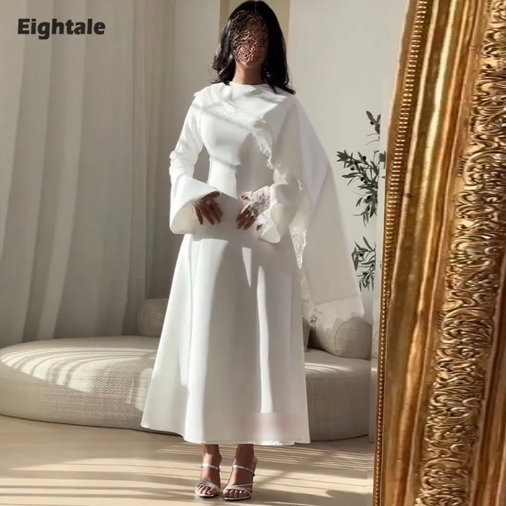 

Eightale Arabic Wedding Dress O-Neck Lace Customized Ivory Long Sleeve Floor Length Muslim A-Line Bridal Gown Bride Party Dress