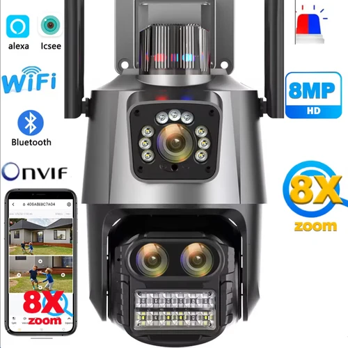 Cámara IP 8MP,4K WiFi Cámara de Vigilancia,Tres Lentes,Pantalla Doble, Cámara PTZ, Alarma de Luz de Policía, Cámara CCTV, Cámara de Seguridad, ICSEE,Alexa, Onvif