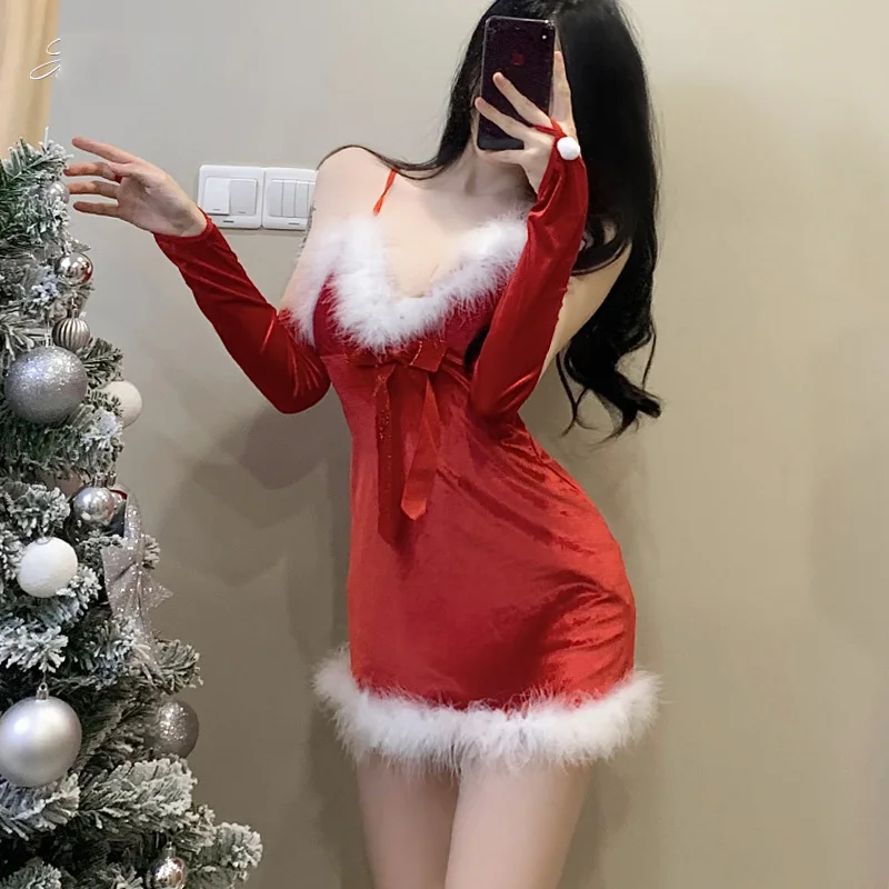 Rood Fluweel Meisjes Meid Rok Sexy Bunny Uniform Xmas Cosplay Santa Kostuum Carnaval Maskerade Party Backless Slip Dress Uniform