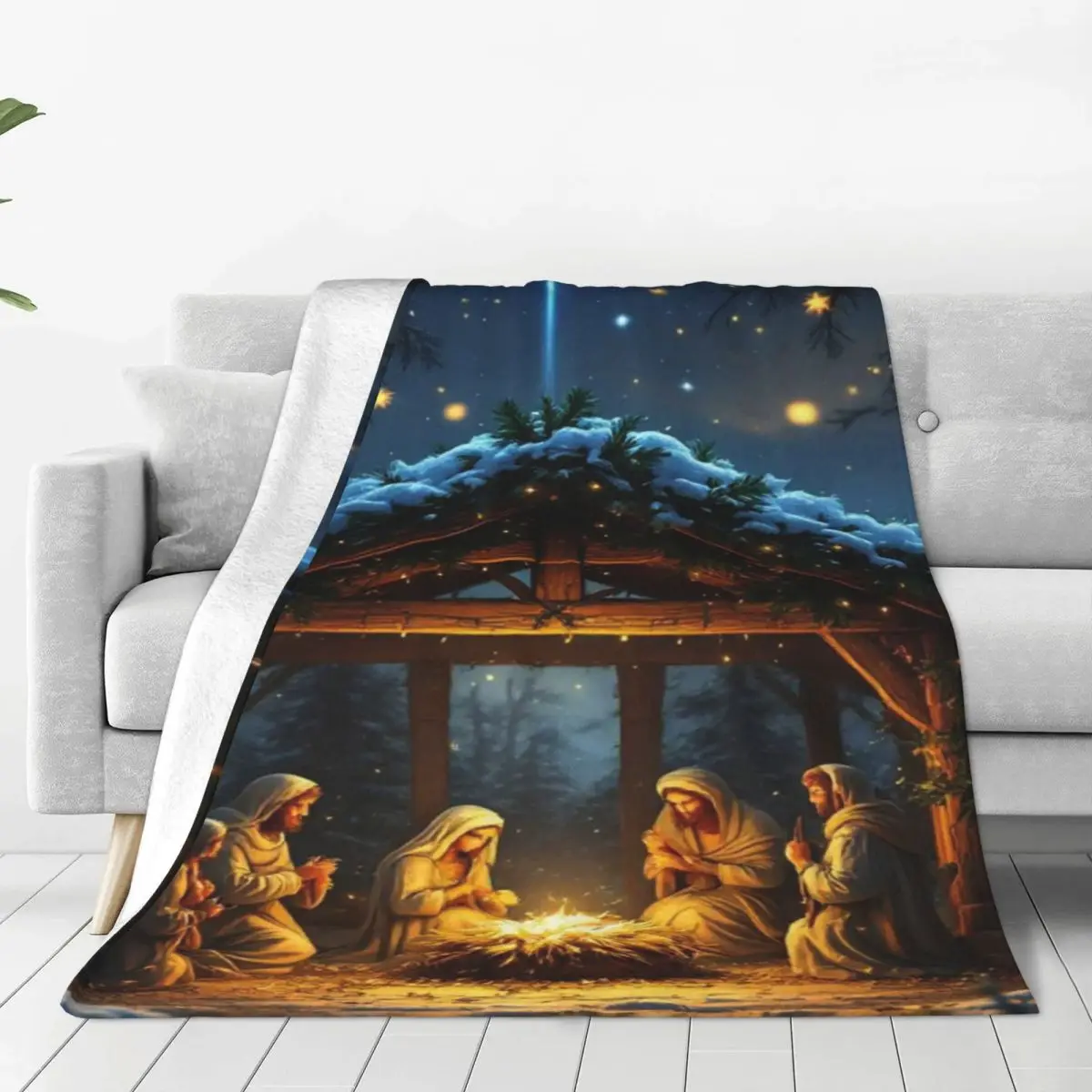 Jesus Manger Christmas Starry Night Blankets Soft Warm Flannel Throw Blanket Bedding for Bed Living room Picnic Travel Home Sofa