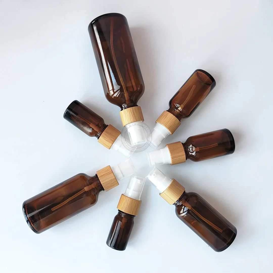 

Оптовая! Янтарный/черный стеклянный флакон для лосьона-спрей с бамбуковой крышкой, портативный дорожный контейнер для духов, пустой контейнер для косметических масел