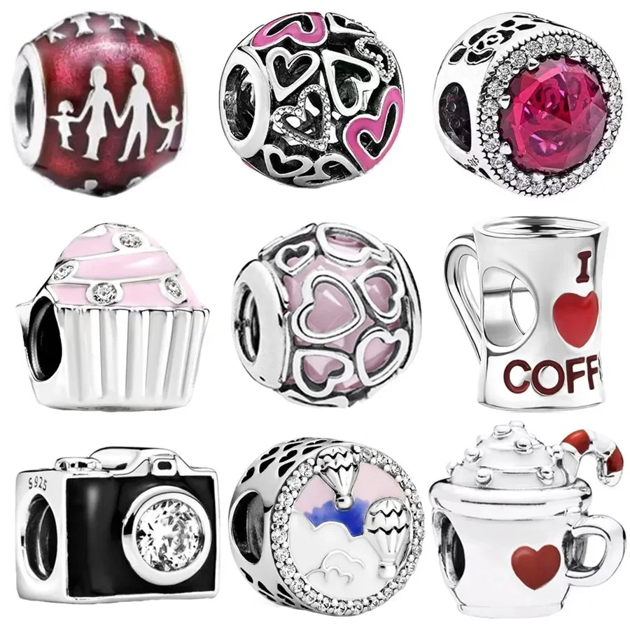 NEW Pink Cupcake Vintage Camera Coffee Cup & Wine Glass Charm Bead Fit Original Pandora Silver 925 Bracelet Necklace DIY Jewelry