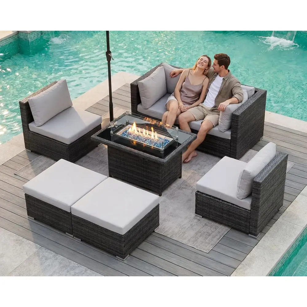 

7 Piece High Back Outdoor Sectional Set with ire Pit Table, Wicker Patio urniture Set Weather-Resistant, ular 6-Person Couch Soa