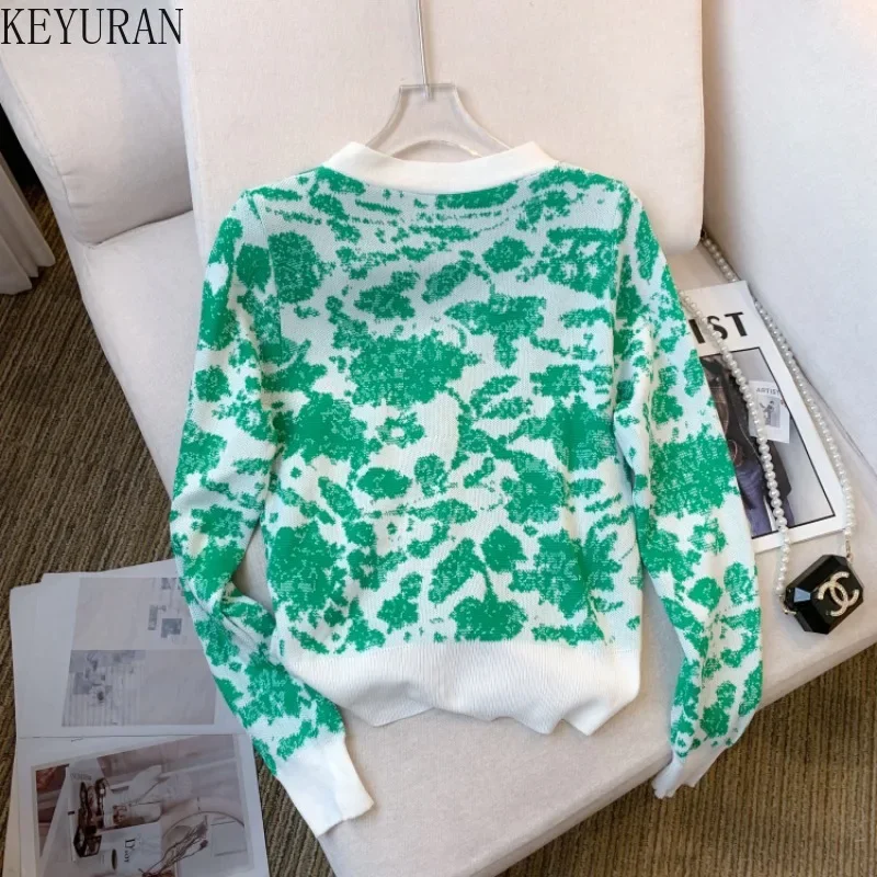 2024 Autumn New Korean Chic Knitted Cardigan Women Vintage Jacquard V-neck Long Sleeve Sweater Mujer Knitwear Crop Tops Jumper