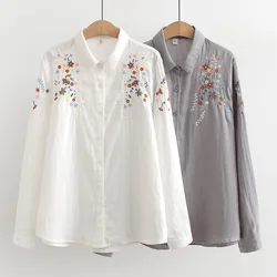 Floral Embroidery Women's Long sleeve Shirt 2024 Autumn New Casual Cotton Yarn Female White Grey Blouses and Tops Lady Clothing