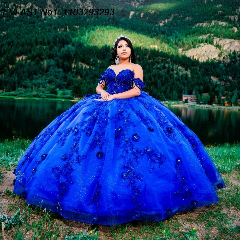 EVLAST Personalizzato Lucido Royal Blue Abito Quinceanera Abito di Sfera Glitter Applique di Pizzo Perline Dolce 16 Abiti Da 15 Anos E1QN566