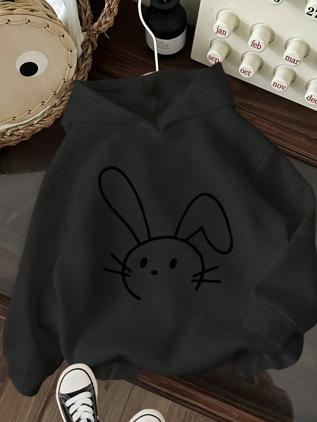 Kids Cute Bunny Hoodie Autumn Winter Fleece Lined Minimal Line Art Graphic Print Long Sleeve Warm Casual Pullover
