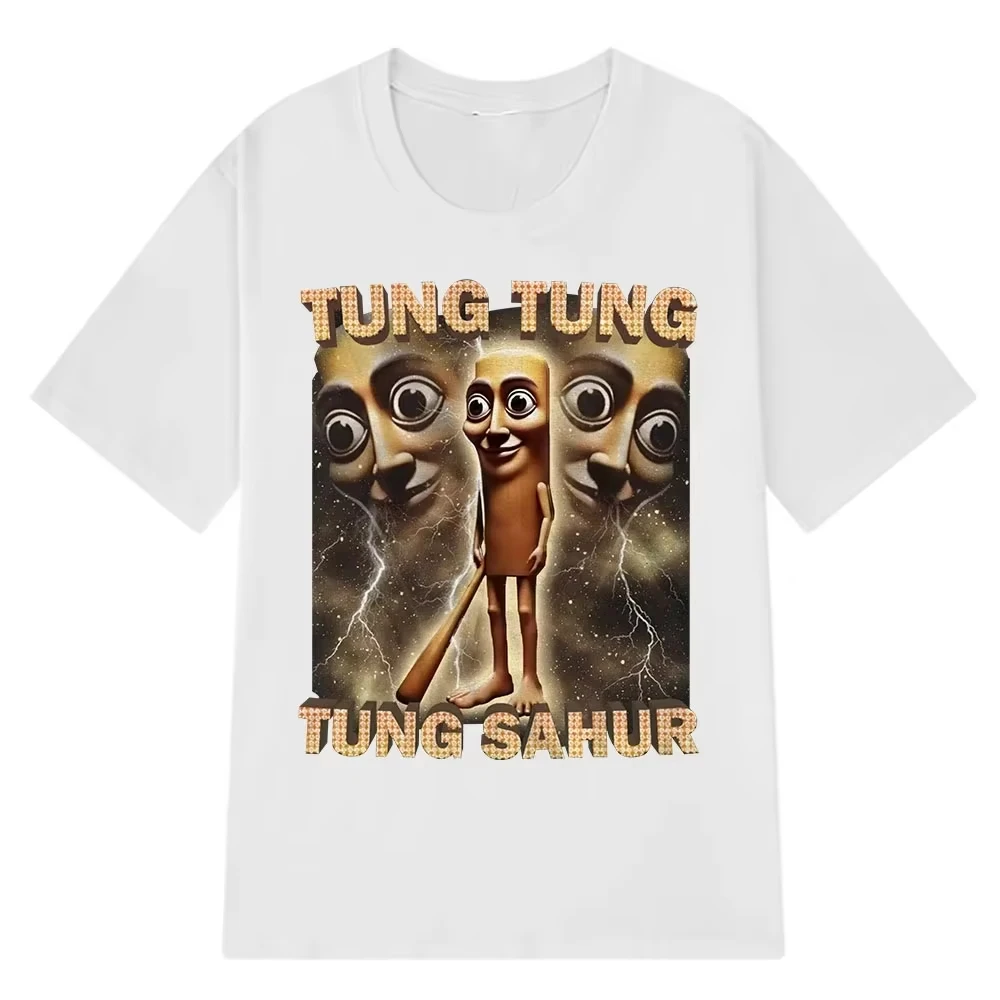 Unisex Tung Tung Sahur Meme Print T-Shirt Black Cotton Short Sleeve Funny Italian Brainrot Viral Internet Casual Streetwear Tee