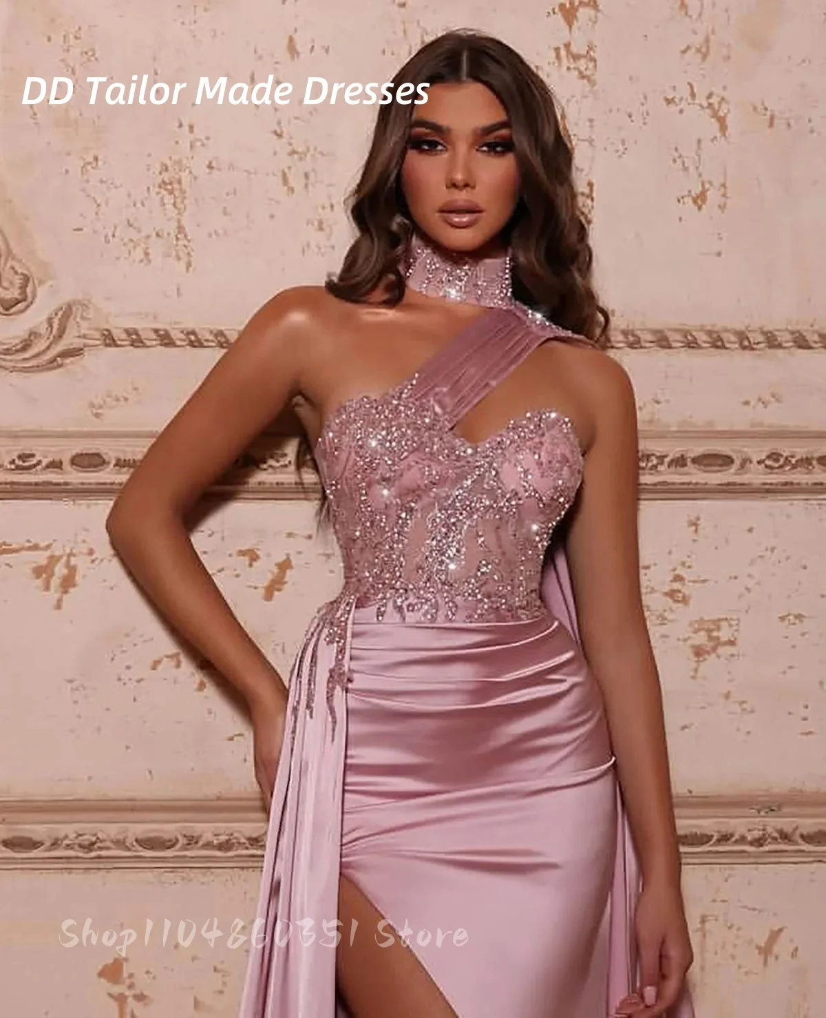 Sexy Side Slit Prom Dress One Shoulder Sleeveless long Satin Evening Gown Sequins Lace Appliques Modern Pageant Dress Customized
