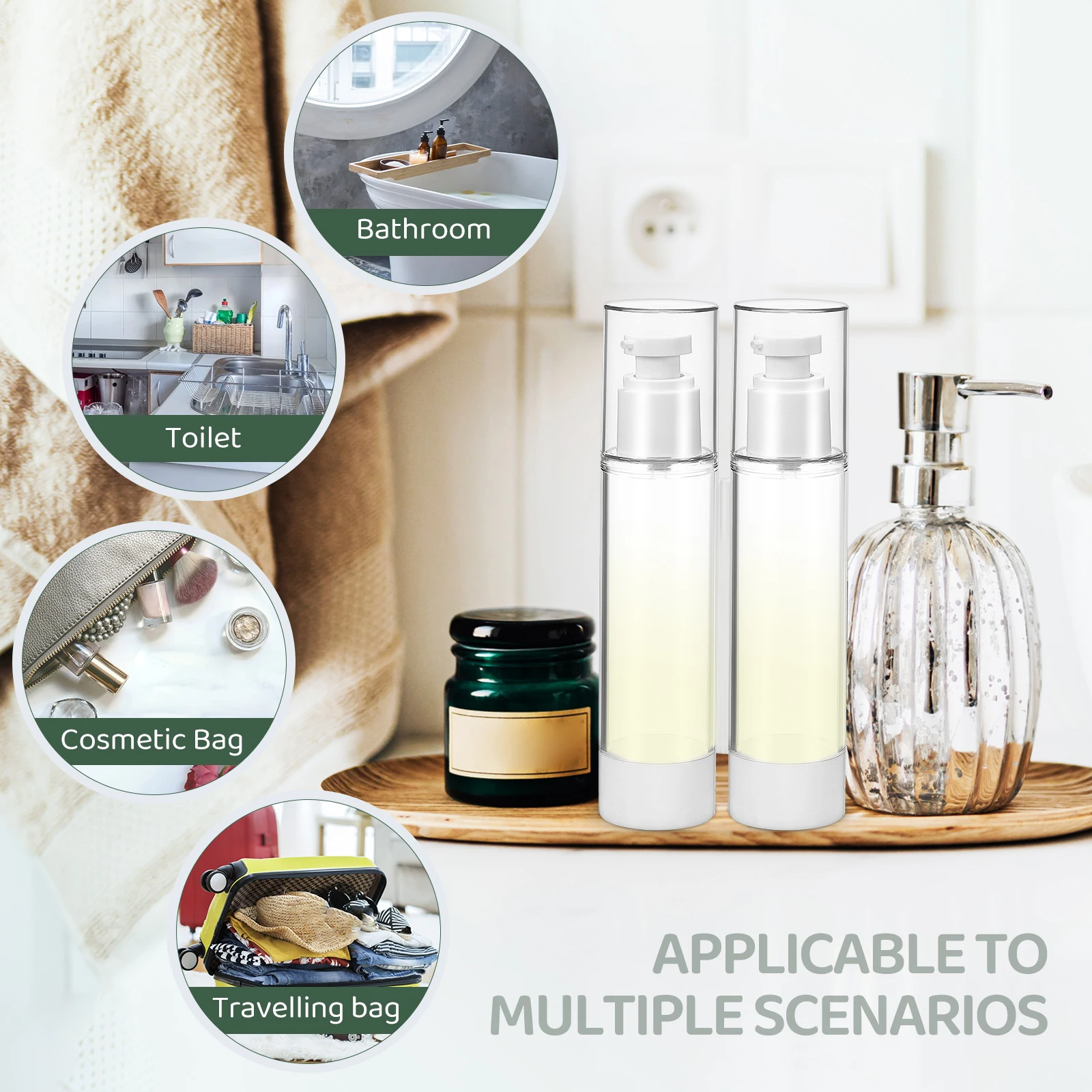 

4 pcs 100Ml Airless Pump Bottles Refillable Transparent Travel Size Lotion Containers For Shampoo Conditioner Toner Serum