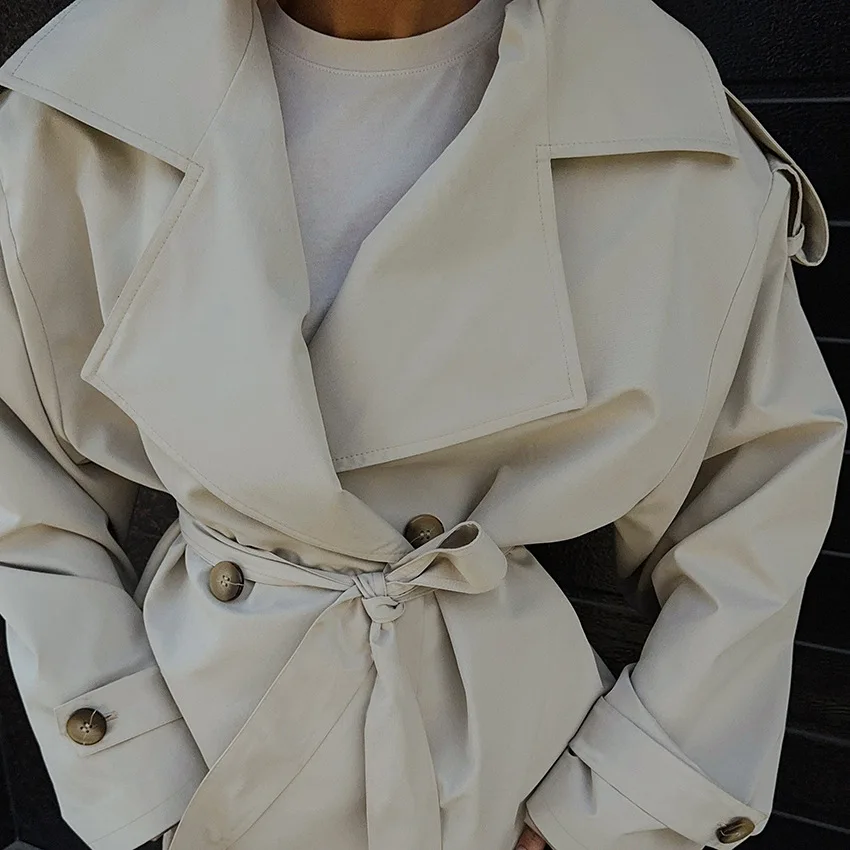 Women's Jacket Coat Belt Trench Lace Up Suit Collar Drop Shoulder Windbreaker Female Waist Cinched Slim Oversized Outwear Ladies