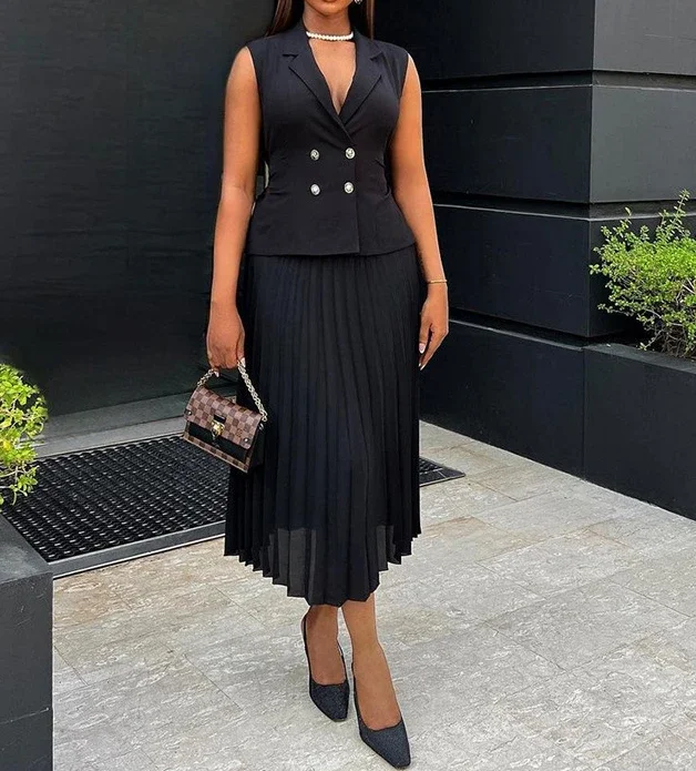 

Women's Summer Skirt Sets Temperament Commuting Black Suit Collar Double Breasted Vest Top & Pleated Long Dress Suits Female