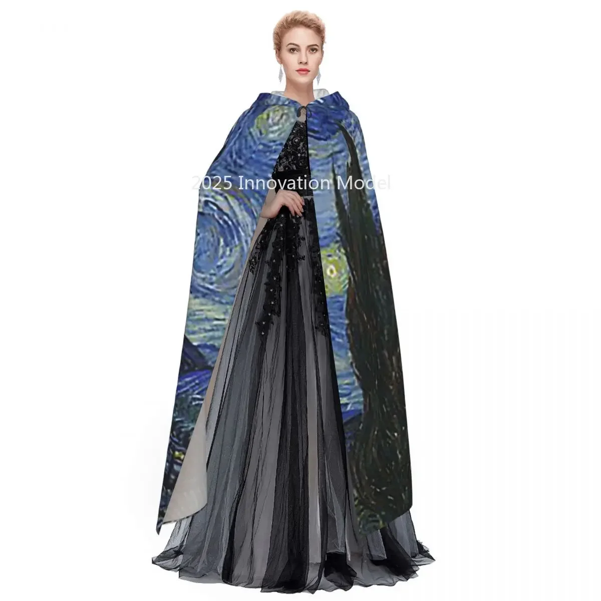 2025 새로운 별이 빛나는 밤 (빈센트 반 고흐) 긴 후드 망토 마녀 중세 의상 코스프레 망토 할로윈 파티 성인 유니섹스