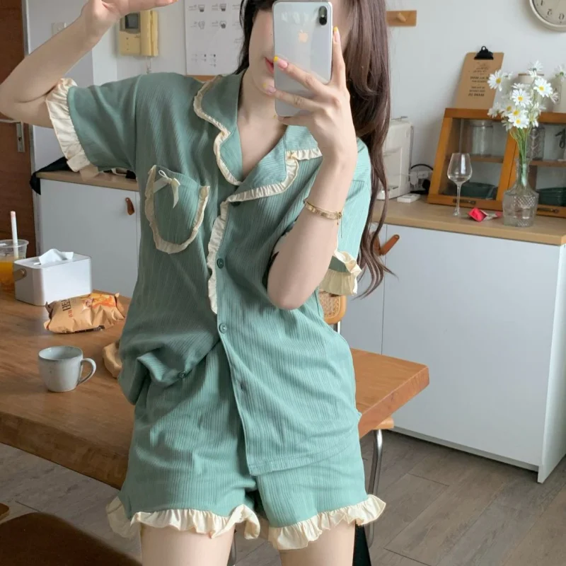 Pajama Sets Women Ruffles Creativity Casual Basics All-match Daily Simple Korean Style Elegant Lovely Vintage Delicate Summer