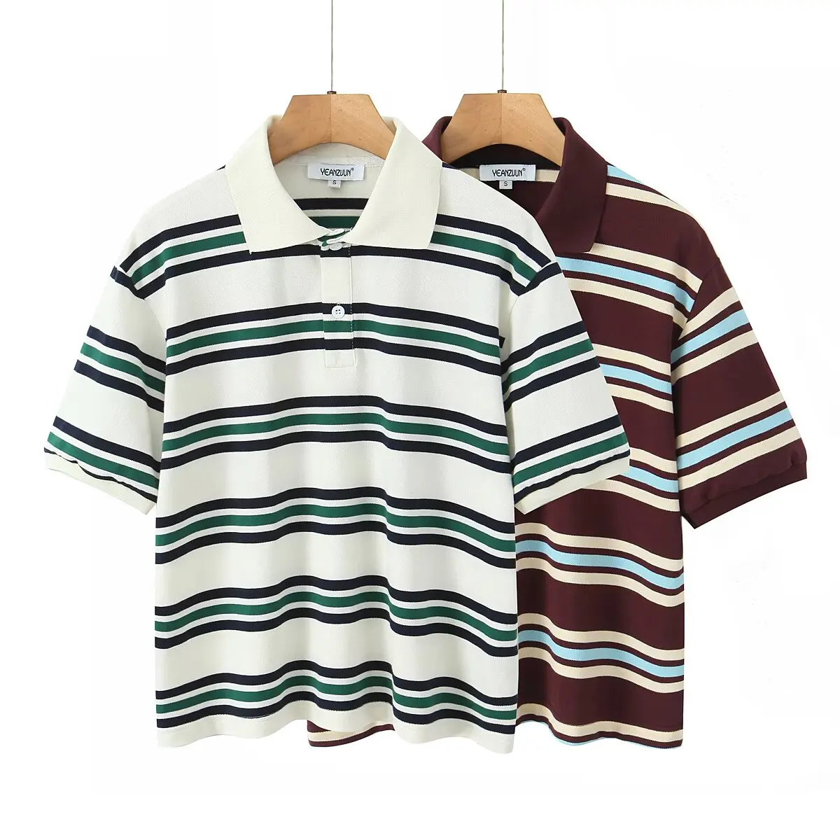 Summer Ladies Polo Shirts Woman Shorts Short Sleeve Brown Striped Vintage Cloth…