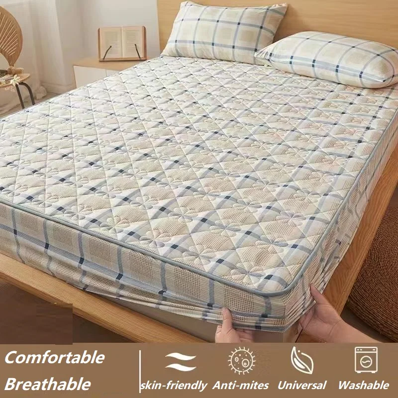 Soft Skin-friendly Quilted Mattress Cover Anti-mites Breathable Bed Fitted Sheet King Queen Bed Cover Not Included Pillowcase