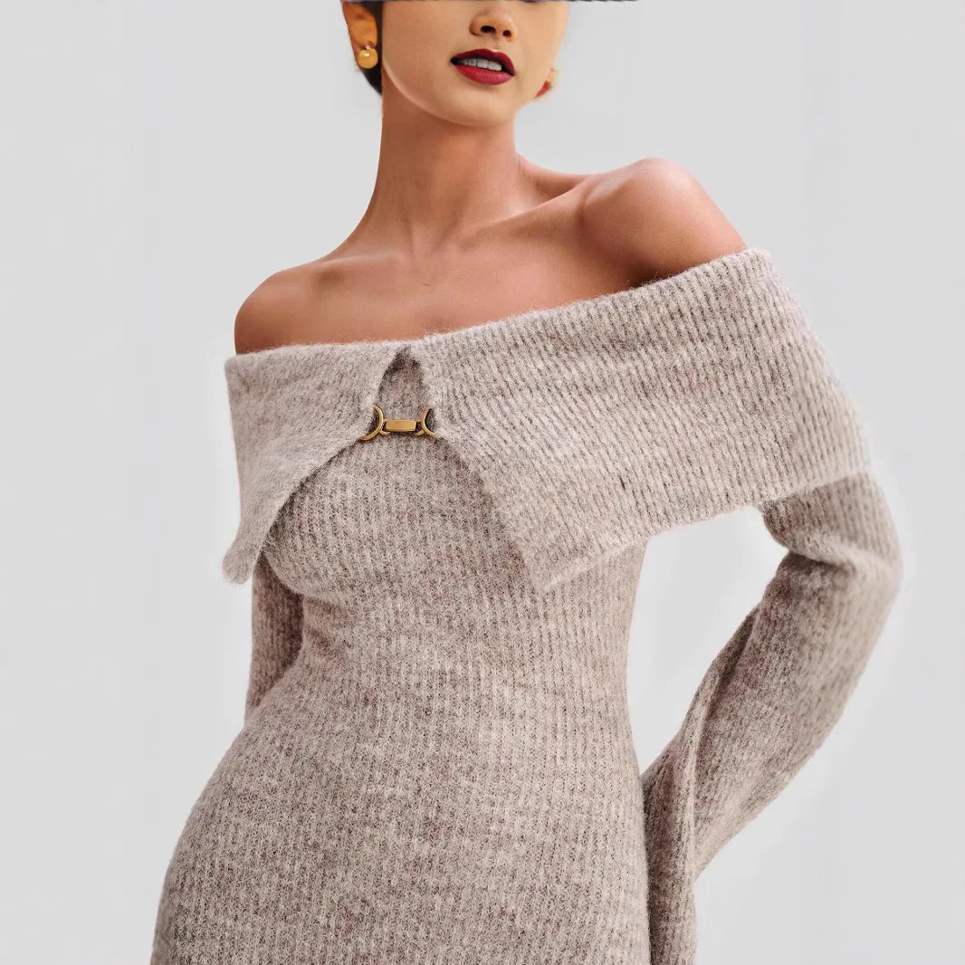 

Slim-Fit Off-Shoulder Striped Dress Collared Knitted Pullover Sweater Sexy One-Shoulder Cinched Waist Long Dress for Women