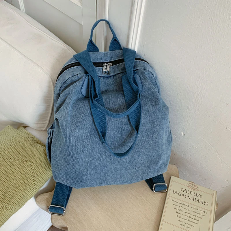 Korean Vintage Washed Denim Backpack Multifunctional Tote Handbag Large Capacity Casual Travel Student Jeans Shoulder Bag