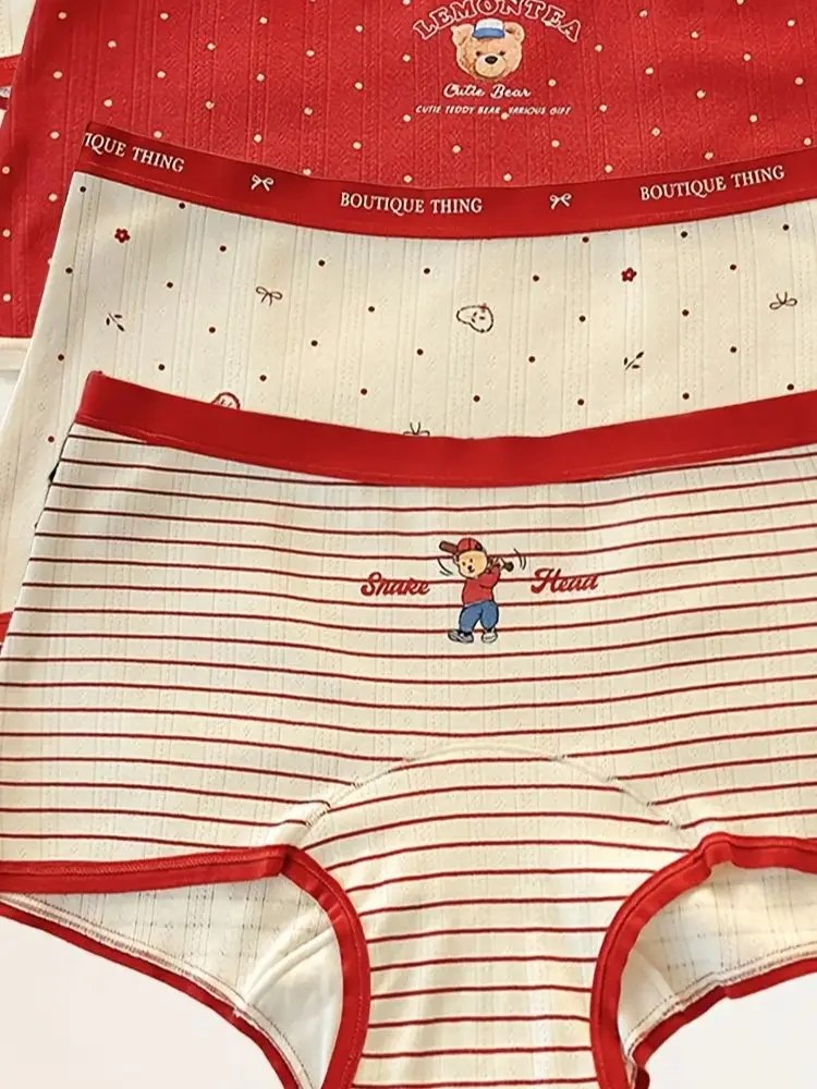 4 pièces culottes pour femmes-impression d'ours mignon et de rayures de lettres, pur coton, slips boxer décontractés pour femmes