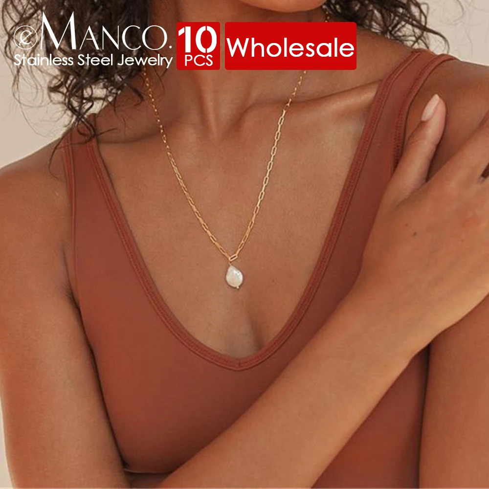 eManco 10PCS Trendy Y-shaped Stainless Steel Necklace Gold Color Jewelry Rectangle Link Chain Choker Freshwater Pearl Pendant