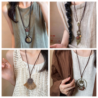 Vintage Boho Metal Feather Necklace For Women Antique Long Collar Chains Pendant Handmade Statement Jewelry Layers Accessories