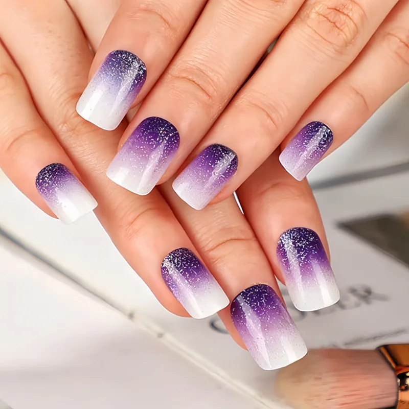 24 Pcs Adhesive False Nails Set with Glue Purple Gradient Fingernail Nail Tips Charms Nail Fake Manicure Set Press on Nails 2024