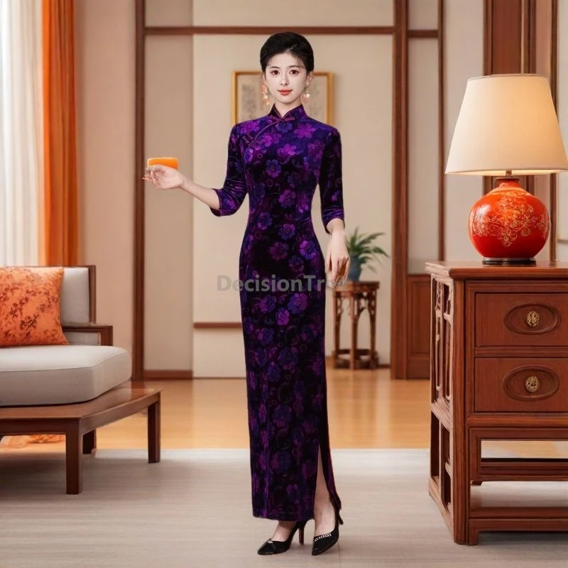 

Высококачественный женский бархатный Cheongsam 2021, новый китайский стиль, диагональная пряжка, облегающий ципао с разрезом, ретро темперамент, ежедневное Ципао