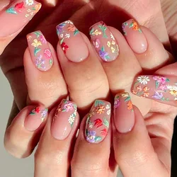 24Pcs Colorful Flowers Design Fake Nails Mid-length Ballet Press on Nails 3D Fashion Manicure Art Wearable Square False Nails
