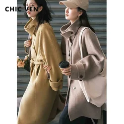 CHIC VEN Women Woolen Coat Retro Stand Collar Solid Loose Belt Overcoat Fashion Korean Female Clothing Autumn Winter New 2024