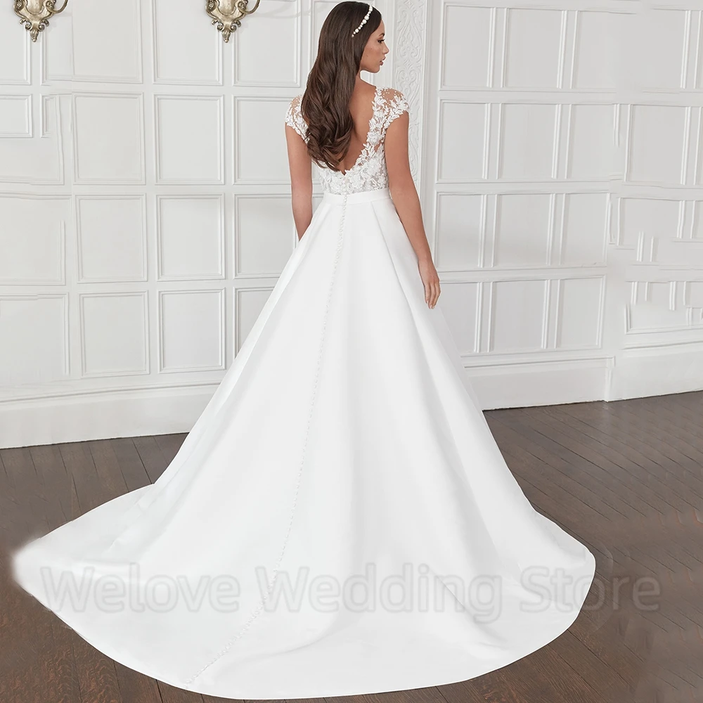 Classic Scoop Neck Cap Sleeve Wedding Dress Delicate Tulle Applique Customized with Belt and Pocket A-Line Floor Length Gown