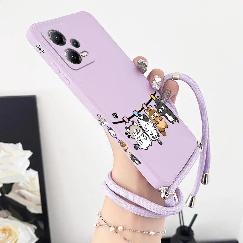 X5 Four Little Cat Lanyard Silicone Phone Case For Xiaomi Poco X5 X3 X3NFC X3GT X4GT M5 M3 C65 C31 X3Pro X4Pro C40 M4Pro Cover