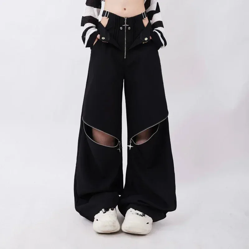

American Individualized Spicy Girl Hollow Out Workwear Pants for Women Fashion Zipper Two Wear Design Casual Versatile Trousers