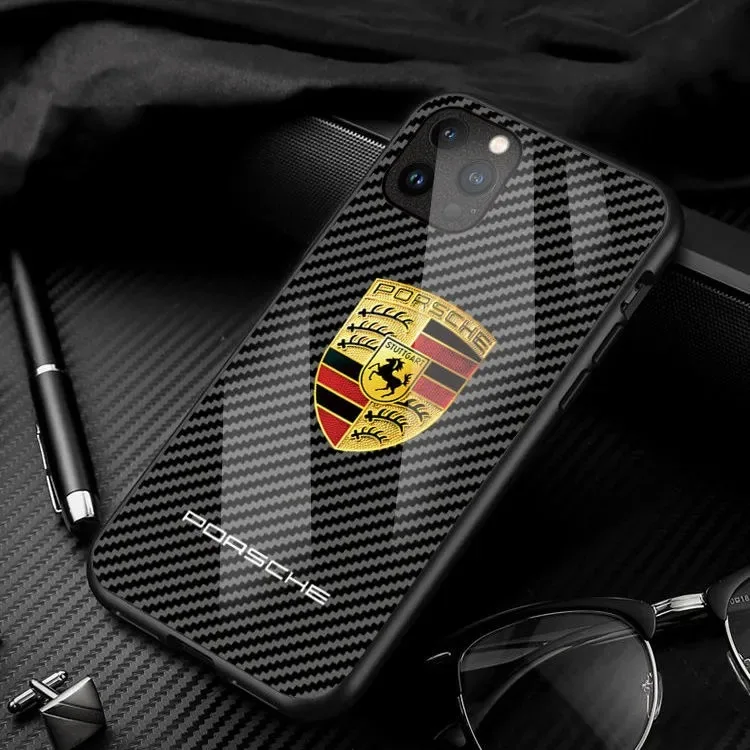 Car Porcshe Emblem Tempered Glass Carbon Fiber All Inclusive Phone Case For iPhone 16 Pro 12 13 14 15 Max 7 8 Plus XS MAX