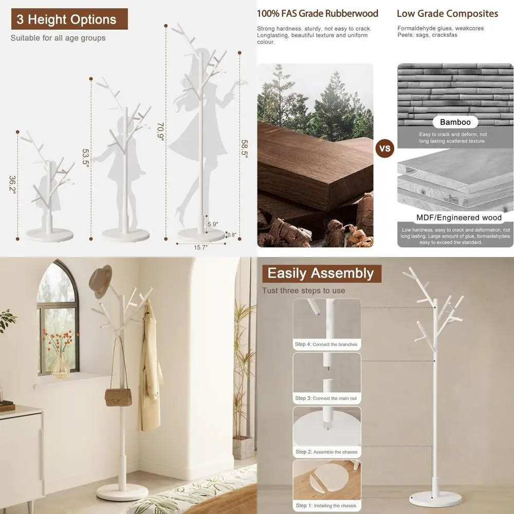 

Напольная вешалка для одежды из массива дерева с 12 крючками и регулируемой высотой - белая, для прихожей и спальни