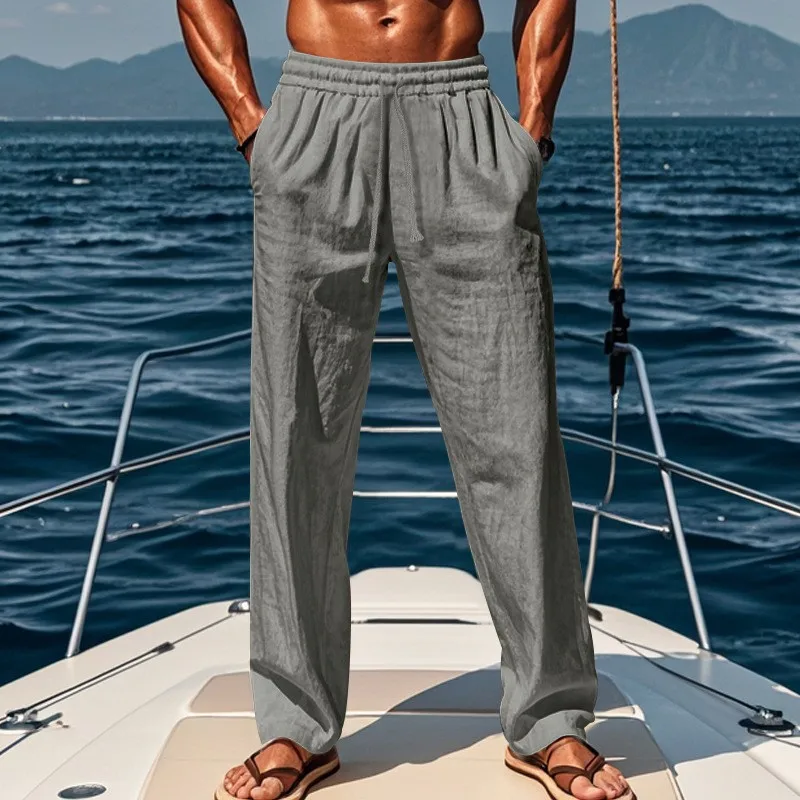 Men's Linen Sport Casual Pants Autumn Long Straight Leg Trousers mid Waist Rope Door Youth All Season  Color