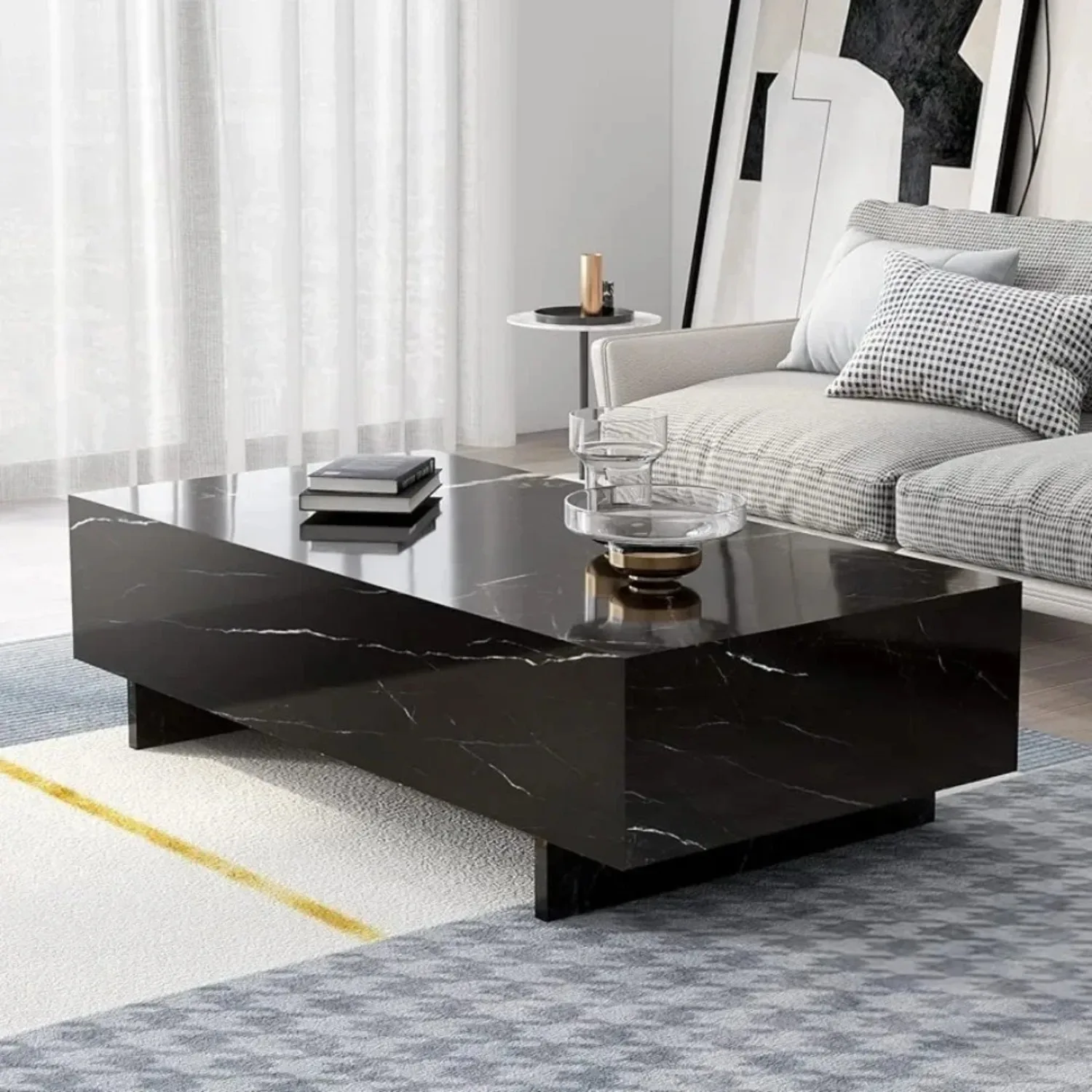 Marble Rectangle Coffee Tables for Living Room,Modern Side Table,Contemporary High Gloss Elegant Center Table