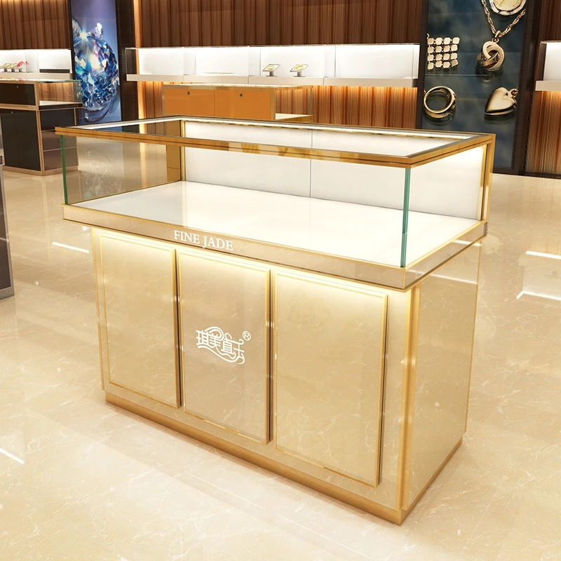 

custom.Jewellery Counter Cabinet Metal Frame Drawer Streamline Retail Store Glass Jewelry Display Showcase Luxury