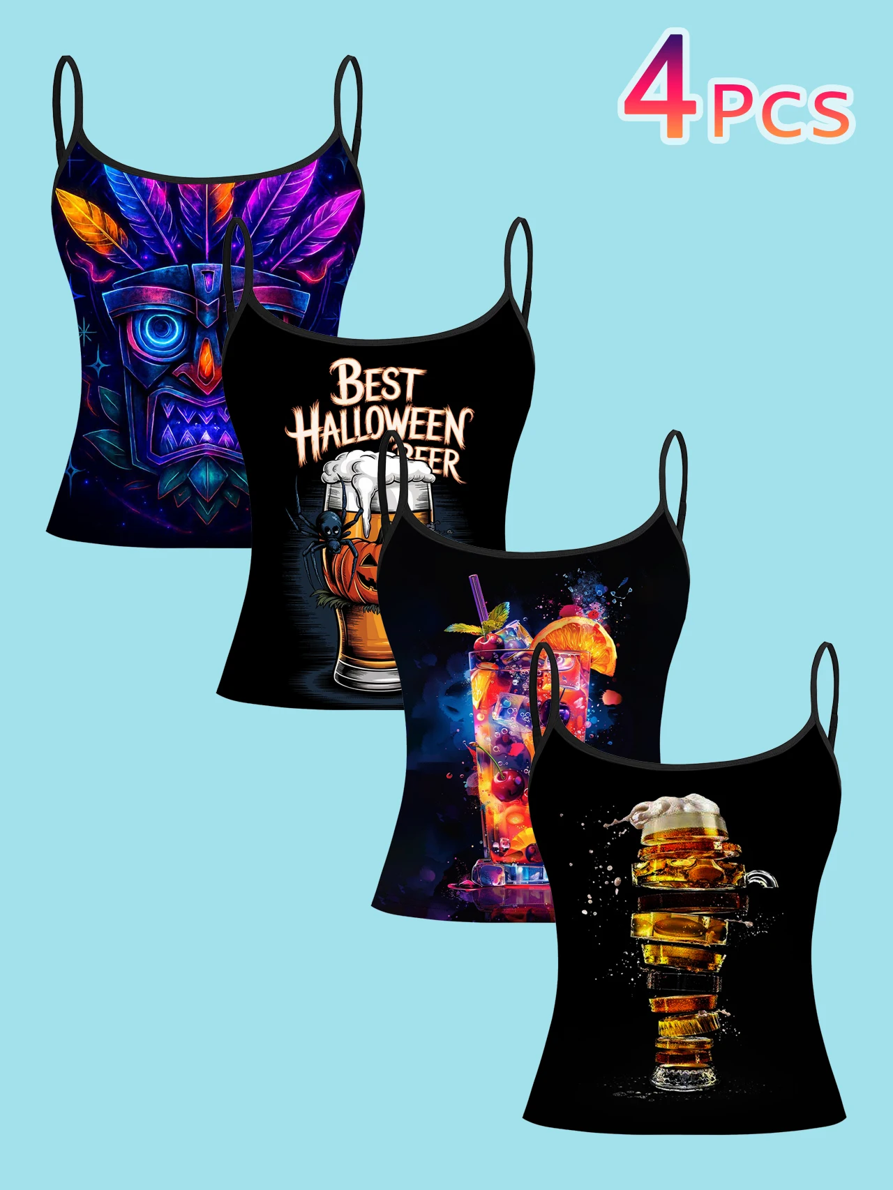 4-Piece Set of Halloween-Themed Cocktail and Beer Women's Camisoles with Colorful Mask, Spider, and Pumpkin Drink Prints, Slim-Fit Spaghetti Strap Short Camisole Tops
