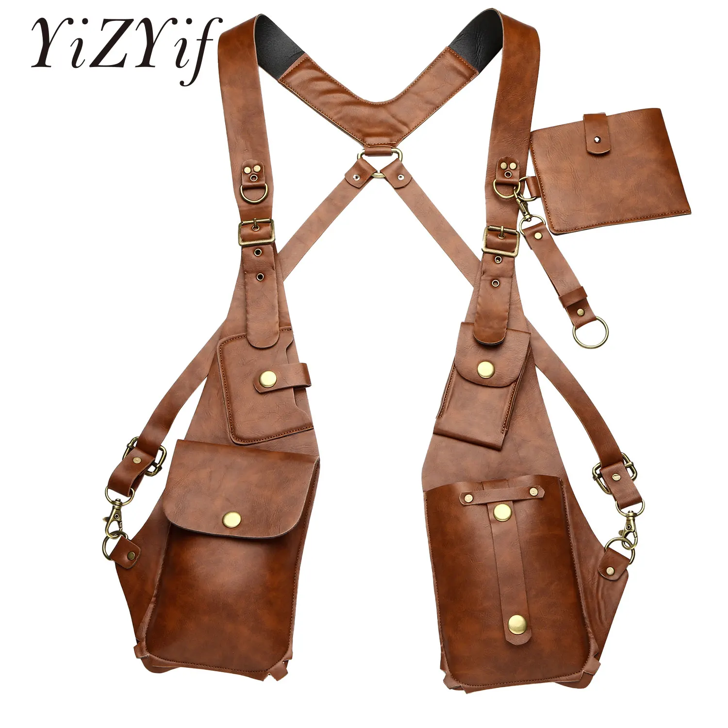 Steampunk Medieval Leather Shoulder Harness Bag Vintage Phone Case Wallet Double Pocket Holster Viking Pirate Costume Purse Men