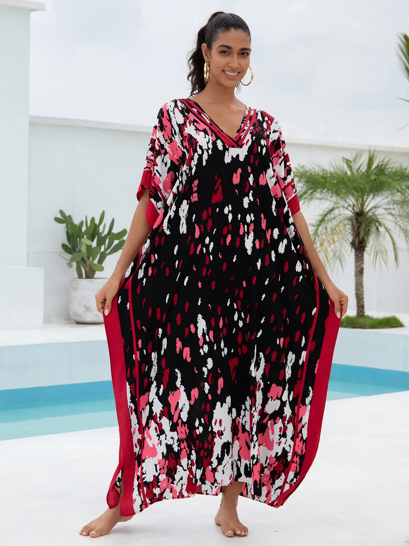 

Cover-ups Black Red Print Women Swimsuit Loose Fitting Long Robe Beach Vacation V-neck Sunscreen Clothing Bikini 2025 Summer New