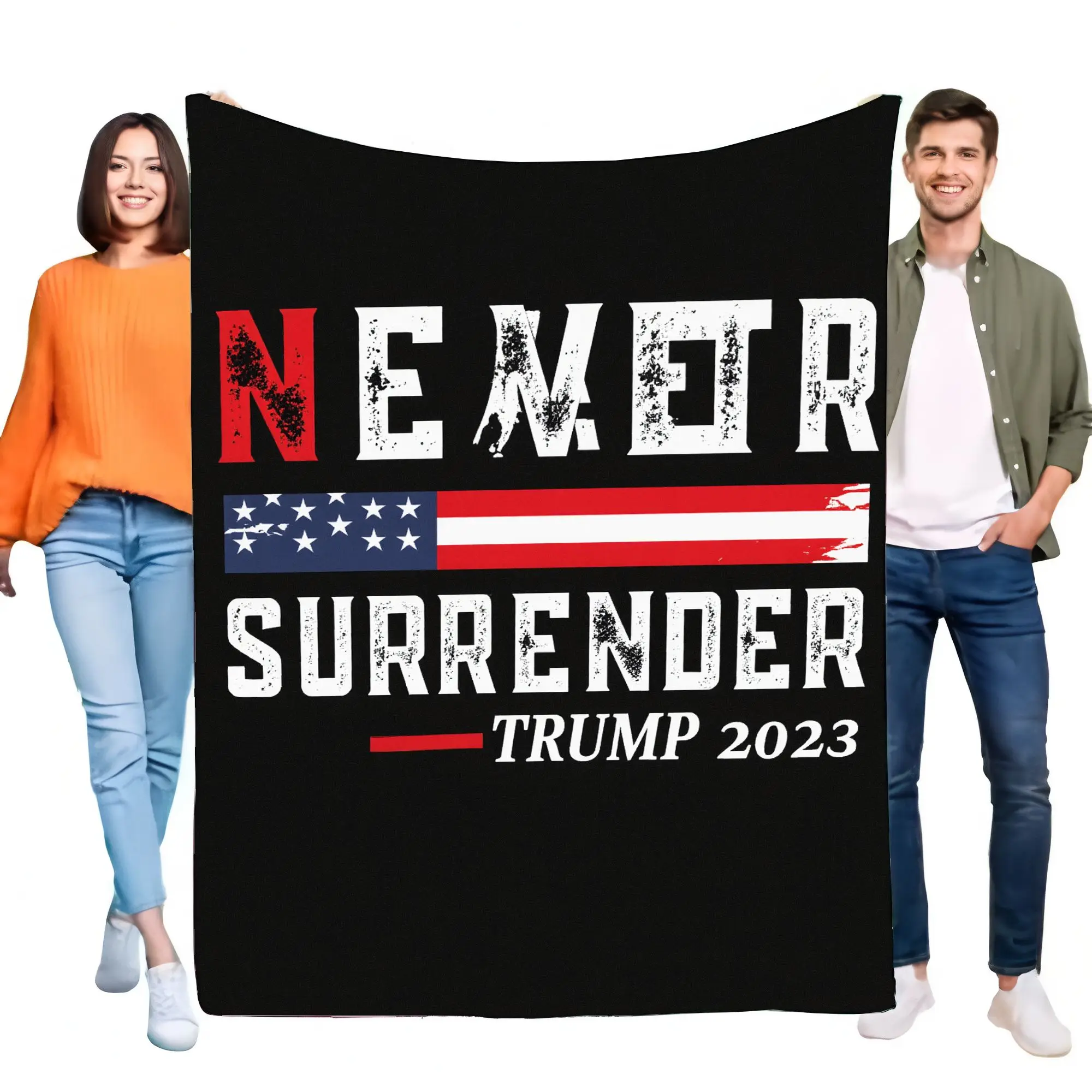 NEVER SURRENDER Blanket with American Flag - Warm Cozy Throw Featuring Distressed Text in White and Red, Perfect for Trump Suppo